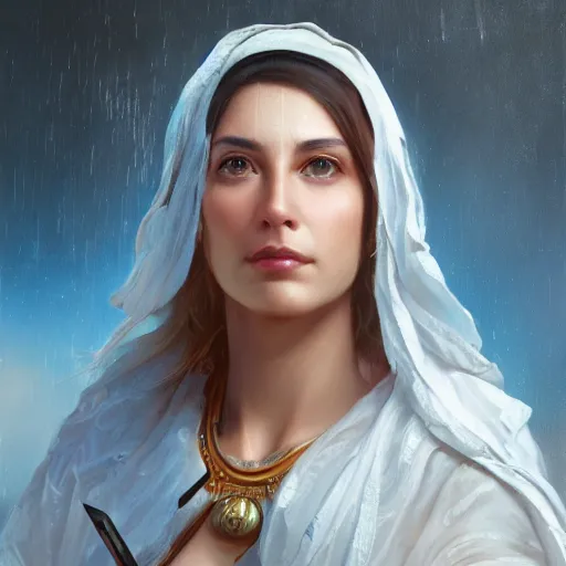 Prompt: portrait of a greek woman ( 3 5 ) from greece in 2 0 2 1, an oil painting by ross tran and thomas kincade