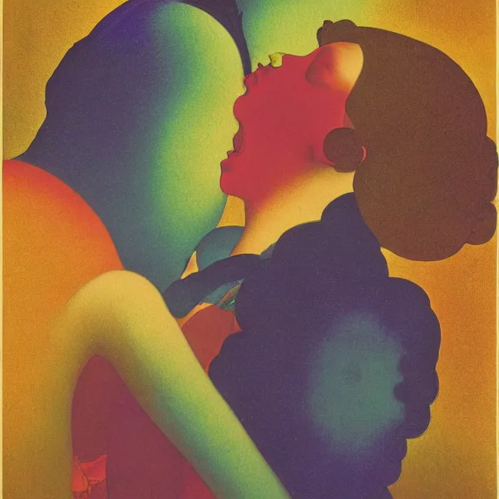 Image similar to close portrait of woman and man kissing. aurora borealis. iridescent, vivid psychedelic colors. painting by georges de la tour, agnes pelton, utamaro, monet