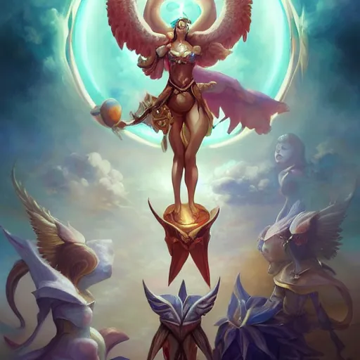 Image similar to angelical time keepers performing a ritual of planetary sacrifice, emotional, fantastic, stars, detailed, digital art, artstation by peter mohrbacher and artgerm, league of legends splash art