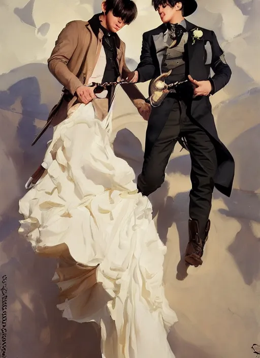 Image similar to jungkook and taehyung of bts getting married in las vegas, jodhpurs hyperborea winter traveler treasure hunter greg manchess painting by sargent and leyendecker, fantasy, medium shot, matte painting, illustration, hearthstone, by rhads, by greg rutkowski, by greg tocchini, by james gilleard, by joe fenton