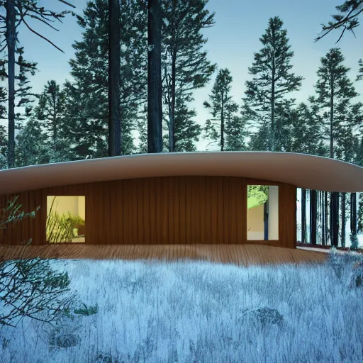 Image similar to a modern house in the woods. the house is the shape of a mobius strip with large picture windows. there are pine trees all around. digital art, 3 d render.