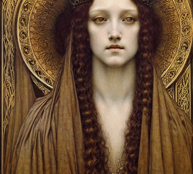 Image similar to detailed realistic beautiful young medieval queen face portrait by jean delville, gustave dore and marco mazzoni, art nouveau, symbolist, visionary, gothic, pre - raphaelite. horizontal symmetry