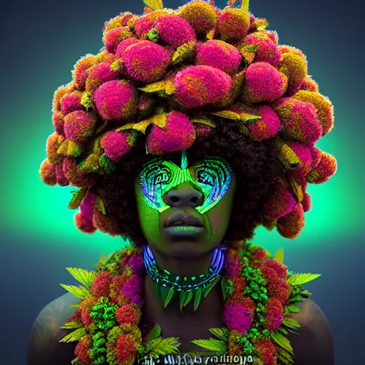 Image similar to an african marijuanna! shaman with an afro made of flowers, third eye art art by machina infinitum, complexity from simplicity, rendered in octane, mandelbulb 3 d, ambient occlusion, macro photography, felt!!! texture, tribal, neon! retrowave