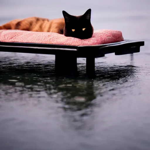 Prompt: a sadcat laying on a tiny bed in the middle of the ocean, canon eos r 3, f / 1. 4, iso 2 0 0, 1 / 1 6 0 s, 8 k, raw, unedited, symmetrical balance, in - frame