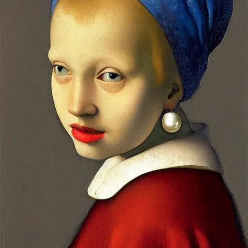 Image similar to girl with the pearl earing , earing is a fruit pear instead by johaness vermeer