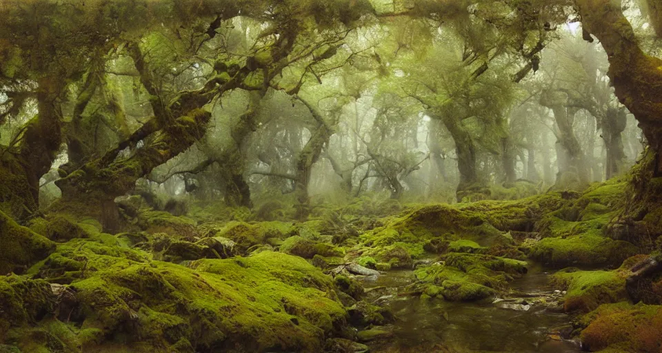 Image similar to ancient oak forest, mossy rocks, stream, oil painting, vivid colors, brush strokes, elegant, highly detailed, richard schmid, john park, ruan jia, jeffrey catherine jones