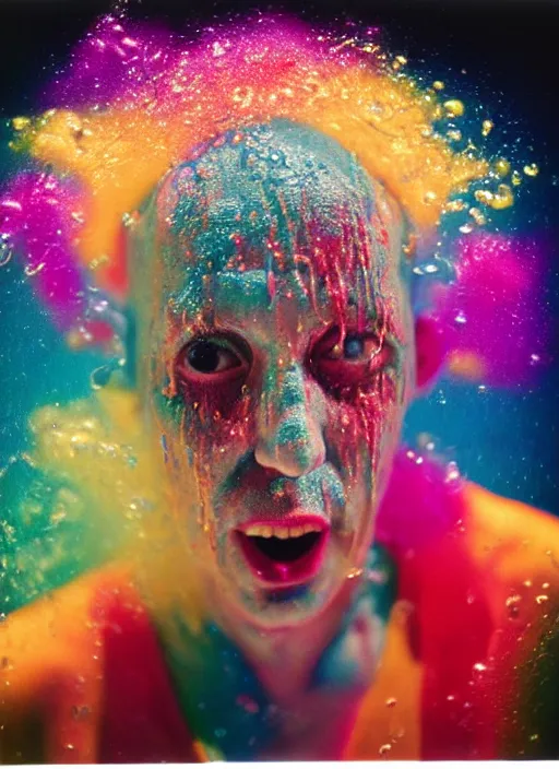 Prompt: detailed color analog medium format photo made by harmony korine, polaroid closeup photo of weird bald hag getting splashed by colorful water in studio while fingers in eyesockets, rim light, shot with a camera flash, high production value, intricate details, hyperrealistic, photorealistic, high definition, award - winning photography, masterpiece