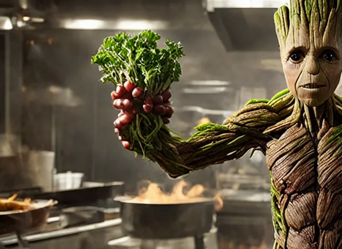 Image similar to film still of Groot working as a chef in the new Avengers movie, 4k