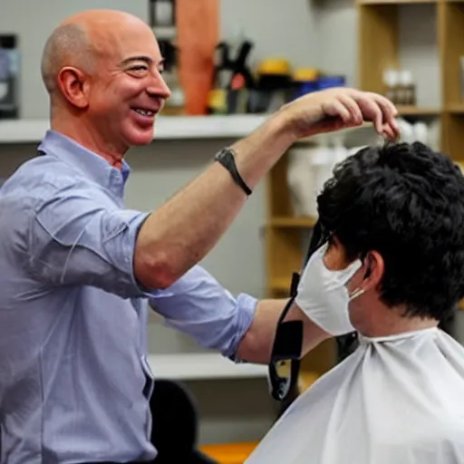 Prompt: photo of Jeff Bezos getting a haircut