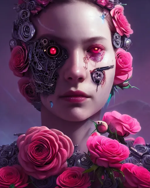 Image similar to portrait of a female face with roses instead of eyes, cyberpunk cyborg. roses, sci - fi, intricate abstract upper body intricate artwork, by tooth wu, wlop, beeple, dan mumford. concept art, octane render, deviantart, greg rutkowski, cinematic arthouse, key art, hyper realism, iridescent accents