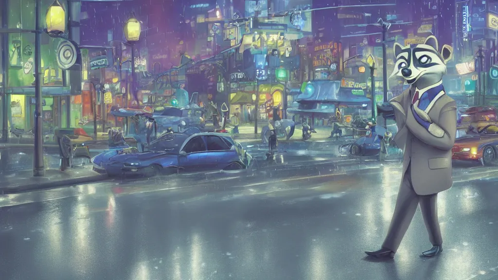 Prompt: A cute anthropomorphic raccoon businessman is walking down a busy crosswalk at in the rain at night, cold lighting with an blue glow coating the cityscape from the city lights, zootopia, other anthropomorphic characters are walking by him, extremely detailed, HDR, sideview, solemn and moody, many cars and animal people in the background, detailed face and eyes, large eyes with visible pupils, the road is wet with many rain puddles, reflections from the water on the ground, he is carrying a black briefcase, depressing feelings, sadness