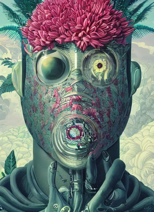 Image similar to gigantic robot head, a lot of exotic vegetation, trees, flowers by junji ito, tristan eaton, victo ngai, artgerm, rhads, ross draws, hyperrealism, intricate detailed