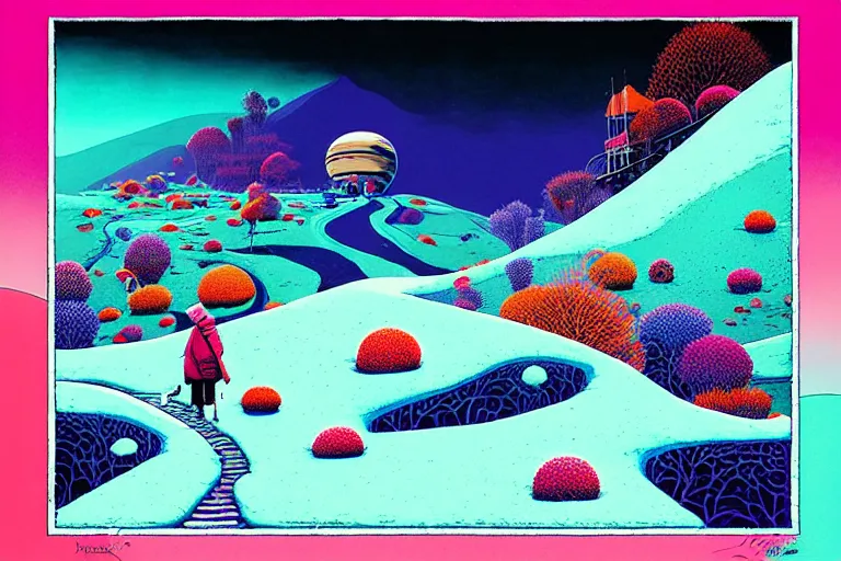 Image similar to surreal glimpse into other universe, himalaya with snow ice cream, summer morning, very coherent and colorful high contrast, art by!!!! gediminas pranckevicius!!!!, geof darrow, floralpunk screen printing woodblock, dark shadows, hard lighting, stipple brush technique,