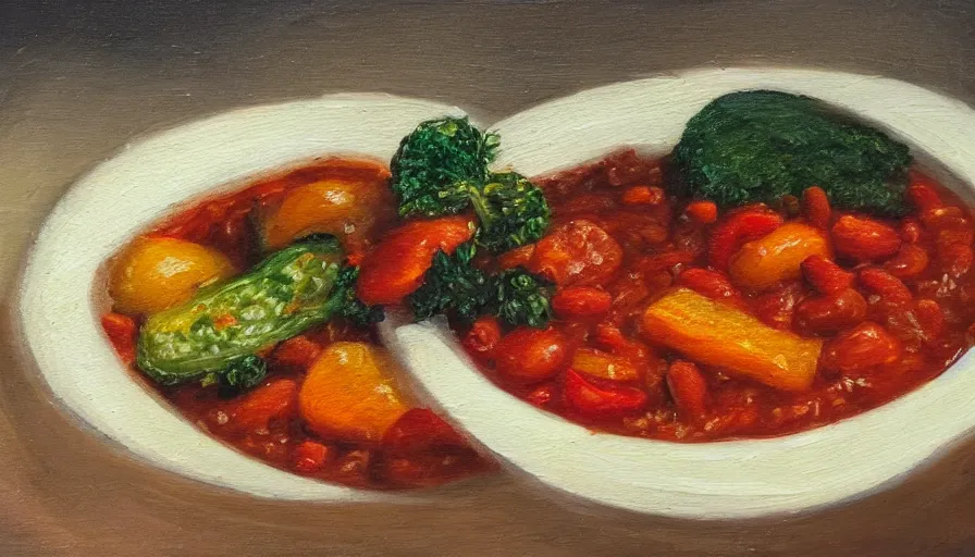 Image similar to an oil painting of rice and tomato sauce with beans and vegetables, dramatic light, establishing shot