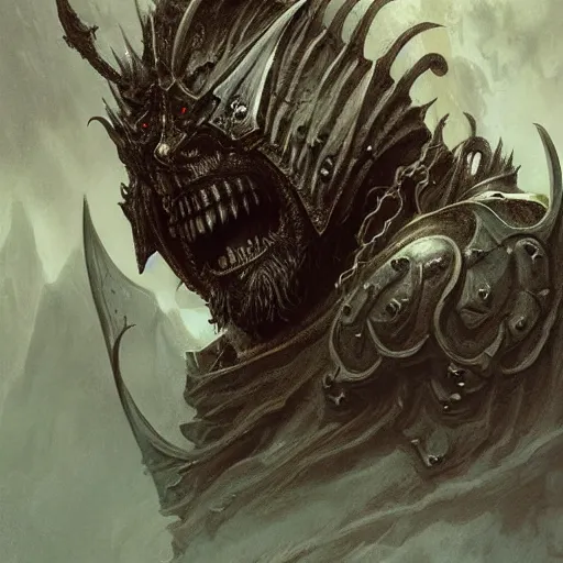 Image similar to head and shoulders portrait of a wraith king, d & d, fantasy, greg rutkowski, frank frazetta, alexandre chaudret, boris vallejo, michael whelan, miro petrov, hr giger, magali villeneuve, donato giancola