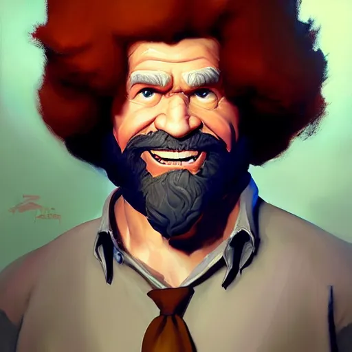 Image similar to Greg Manchess portrait painting of Bob Ross as Overwatch character, medium shot, asymmetrical, profile picture, Organic Painting, sunny day, Matte Painting, bold shapes, hard edges, street art, trending on artstation, by Huang Guangjian and Gil Elvgren and Sachin Teng