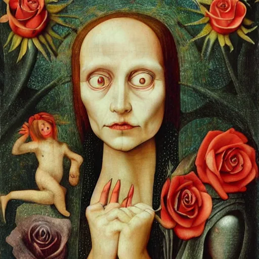 Prompt: semi - realistic weird and scary beautiful metaphysical portrait gothic style in style of hieronymus bosch anne stoke sharp focus 8 k holografic roses