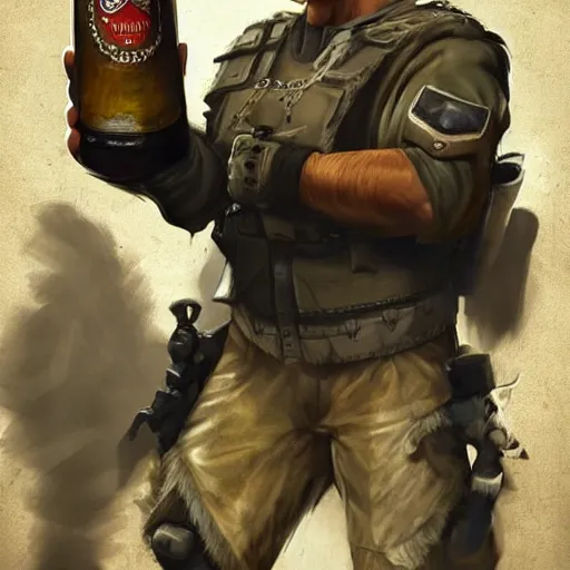 Image similar to a humanoid german shepherd beast - man in military style, holding a bottle of beer, artstation, concept art, smooth, sharp foccus ilustration, artstation