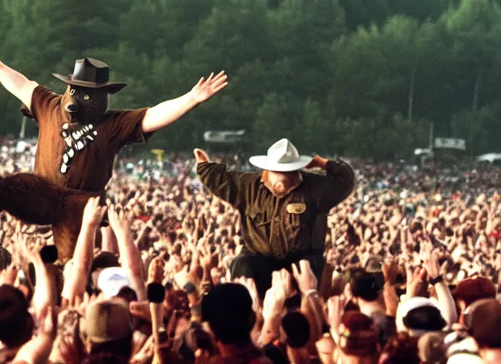 Prompt: photo still of smokey the bear amd fred durst on stage at woodstock 9 9!!!!!!!! at age 3 3 years old 3 3 years of age!!!!!!!! crowd surfing, 8 k, 8 5 mm f 1. 8, studio lighting, rim light, right side key light