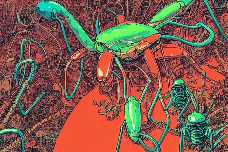 Image similar to risograph grainy drawing vintage sci - fi, satoshi kon color palette, gigantic fat mantis full - body covered with robot parts and wires, with lot tentacles, insects and dragonflies around, painting by moebius and satoshi kon and dirk dzimirsky close - up portrait