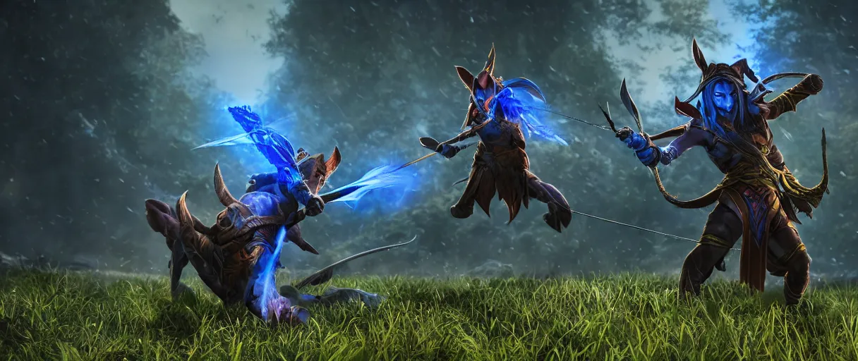 Prompt: a night elf hunter casting magic arrows with ravager pet lord dramatic lighting cinematic establishing shot extremely high detail foto realistic cinematic lighting post processed