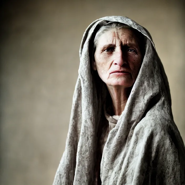 Image similar to closeup portrait of a sad woman with a cloak made of stone, standing in a busy messy kitchen, by Annie Leibovitz and Steve McCurry, natural light, detailed face, CANON Eos C300, ƒ1.8, 35mm, 8K, medium-format print