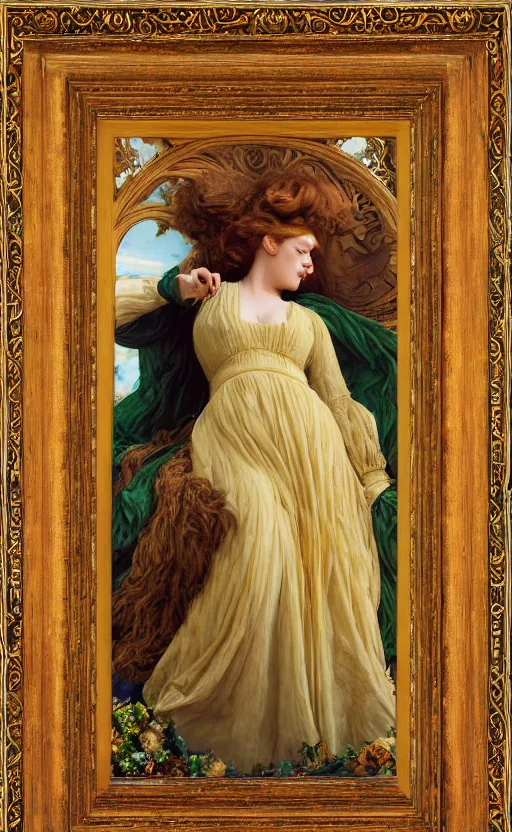 Image similar to preraphaelite full body portrait photography masterpiece hybrid of judy garland and florence welch, reclining, brown hair fringe, yellow ochre ornate medieval dress, kilian eng and william holman hunt, frederic leighton, ford madox brown, william morris, framed 4 k