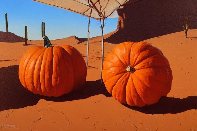 Prompt: a pumpkin drippy in the desert, beautiful painting, james gurney, trending on artstationhq