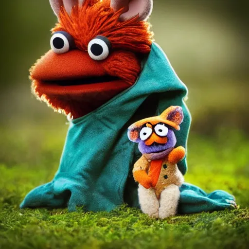 Image similar to a chibi foxfolk muppet druid wearing a hooded cloak with a small herd of random muppet animals following behind, sesame street, photograph, photography, ultrarealistic, national geographic