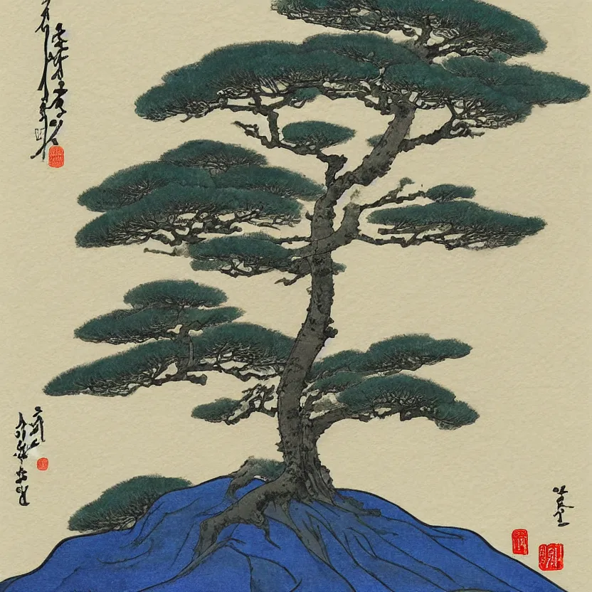 Image similar to a painting of a tree with a sky background, a detailed painting by Shin Saimdang, deviantart, shin hanga, ukiyo-e, watercolor, 2d game art