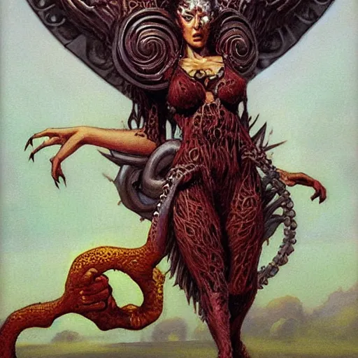 Image similar to angelical woman with her chained giant monster pet, by gerald brom