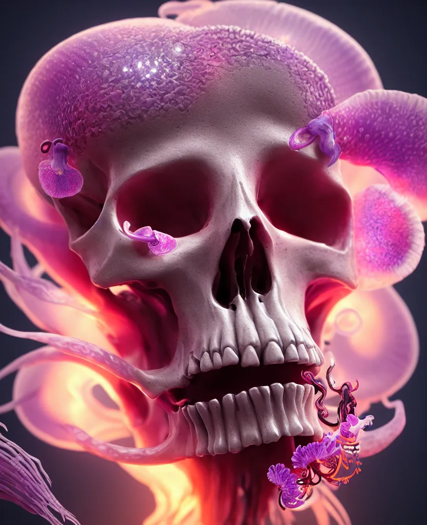 Image similar to goddess close - up portrait human skull, ram skull, squid phoenix jellyfish, orchid, betta fish, bioluminiscent, intricate artwork by tooth wu and wlop and beeple. octane render, trending on artstation, greg rutkowski very coherent symmetrical artwork. cinematic, hyper realism, high detail, octane render, 8 k