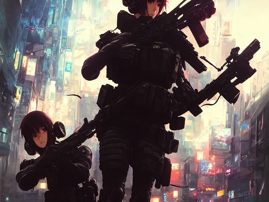 Image similar to anime key visual of a young female swat officer fighting male blood hound, neon, cyberpunk, futuristic, stunning, highly detailed, digital painting, smooth, soft focus, illustration, movie poster, japanese typography, digital art from artstation by artgerm and greg rutkowski and alphonse mucha