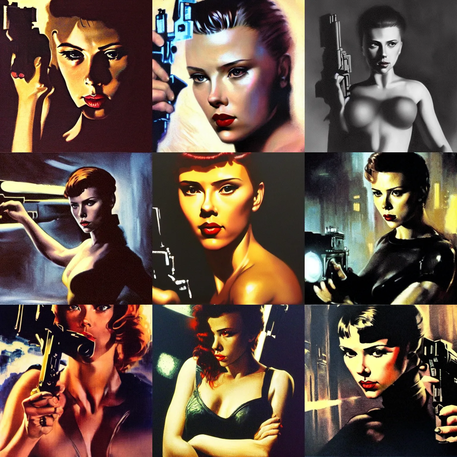 Prompt: frank frazetta portrait of scarlett johansson points gun at camera in blade runner, dramatic lighting, hyper realism,