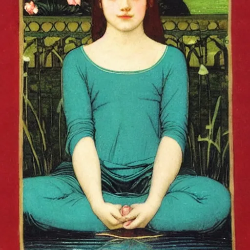 Prompt: young girl with teal pyjama in lotus yoga position, illustration, waterhouse