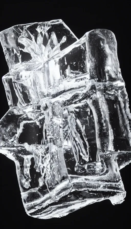 Prompt: the rapper'ice cube'carved out of ice, lit from bottom, full body, wide angle photo, award winning