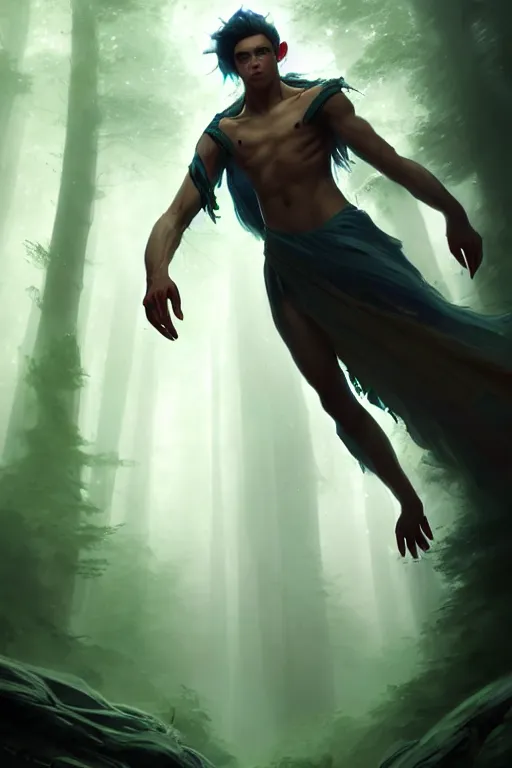 Prompt: a human elemental sorcerer, forest setting, colorful magic, male, white skin, young, sharp focus, concept art, dynamic lighting, unreal engine, by greg rutkowski 0. 5 | emylie boivin 1. 0 | kyle herring 2. 0