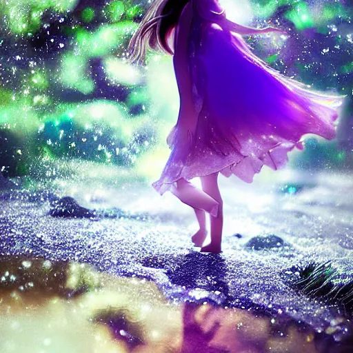 Image similar to advanced digital anime art, Sakimichan , a gorgeous high school girl with long gold and silver hair wearing a violet dress and bare feet walking through a crystal clear river, DOF, Gaussian Blur,