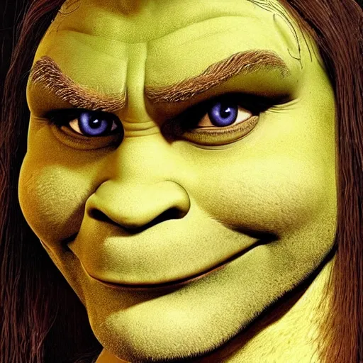 Image similar to shrek from shrek as a glorious devout shining powerful epic amazing awesome very handsome attractive muscular stylish knight in shining golden armor with long lush golden hair a strong jaw and attractive green eyes, fantasy art, hyper detailed, extremely complex, hyper realistic, similar to the mona lisa, art by leonardo devinci