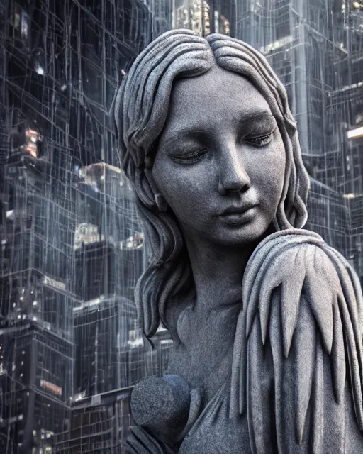 Prompt: a weeping angel statue in a cyberpunk dystopian city, aesthetic octane render, 8 k hyperrealistic, futuristic