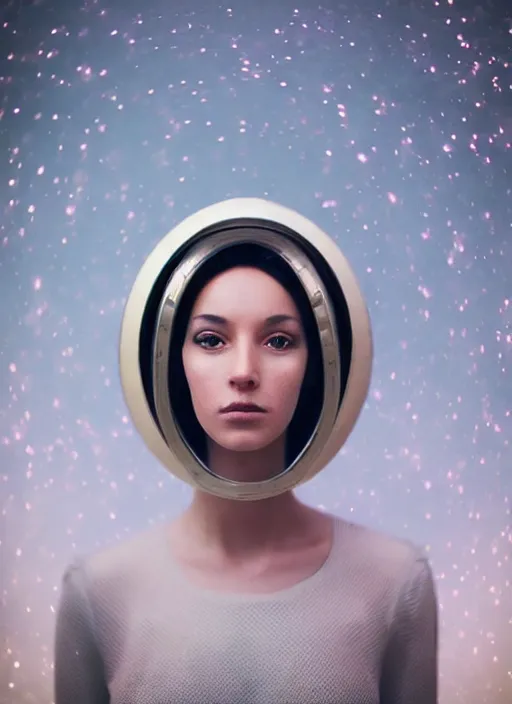 Prompt: photograph portrait of a very pretty!!! woman! symmetric face, petzval lens. out of focus, look at the camera. in an very detailed interstelar costume. futuristic helmet, space station. by alesio albi and george lucas and stanley kubrick