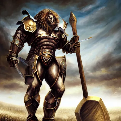 Prompt: Giant minotaur humanoid beast warrior with two handed axe, heavy white and golden armor, impressive horns, long mane, full body, muscular, dungeons and dragons, hyperrealism, high details, digital painting, dark fantasy