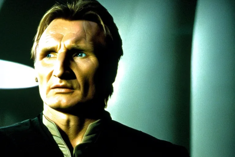 Image similar to A film still of Liam Neeson in a Star Trek: The Next Generation, sitting in Ten Forward, dramatic lighting