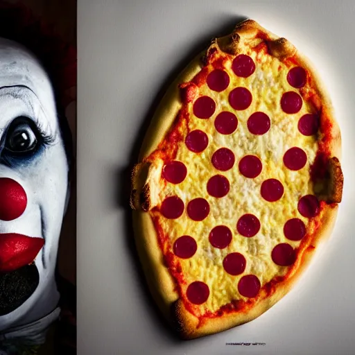 Image similar to clown pizza, clowcore, michelin star food, clowncore funohuse, photo by annie leibowitz