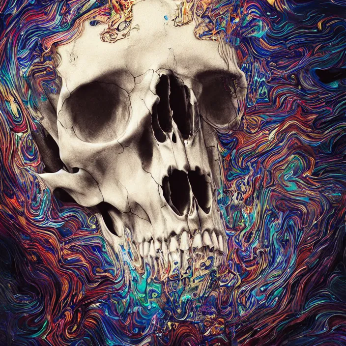 Image similar to a melting dripping skull. burning water distortions. intricate abstract. intricate artwork. by Tooth Wu, wlop, beeple, dan mumford. octane render, trending on artstation, greg rutkowski very coherent symmetrical artwork. cinematic, hyper realism, high detail, octane render, 8k, depth of field, bokeh. iridescent accents