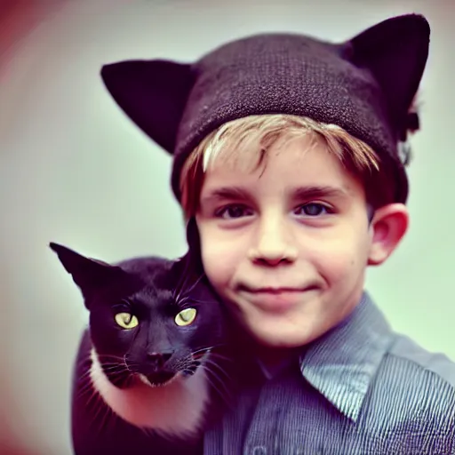 Prompt: a boy with cat ears newsboy