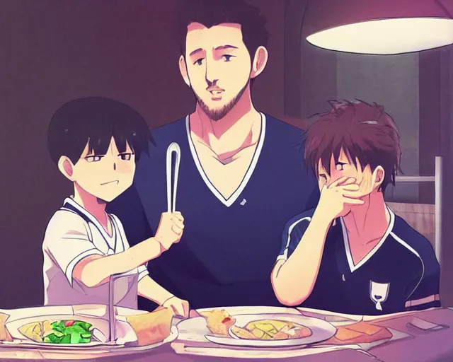 Image similar to harry kane and son heung-min eating dinner at a restaurant, slice of life anime, lighting, anime scenery by Makoto shinkai