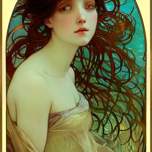 Image similar to girl in a long dress underwater, caustics, painting by Alphonse Mucha Ayami Kojima Amano Charlie Bowater