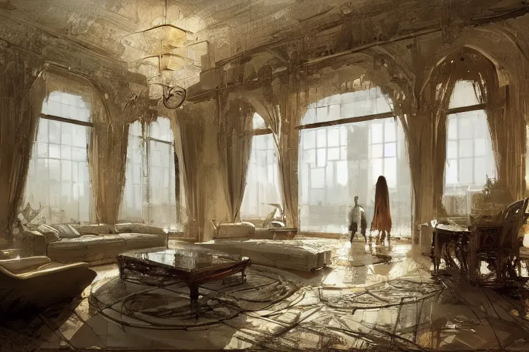 Image similar to luxury apartment interior, intricate, elegant, highly detailed, john park, craig mullins, sparth, ruan jia, jeffrey catherine jones