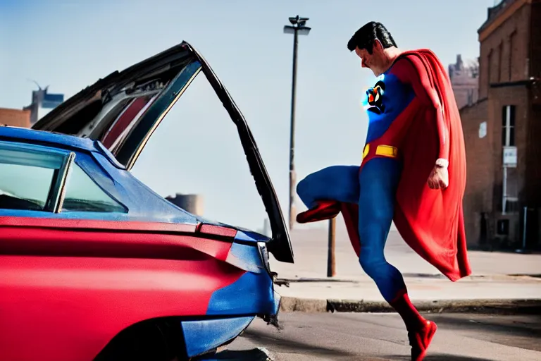 Image similar to superman pushing a broken car, chromatic, amber, direct sunlight, dslr, banksy, pastel, dof